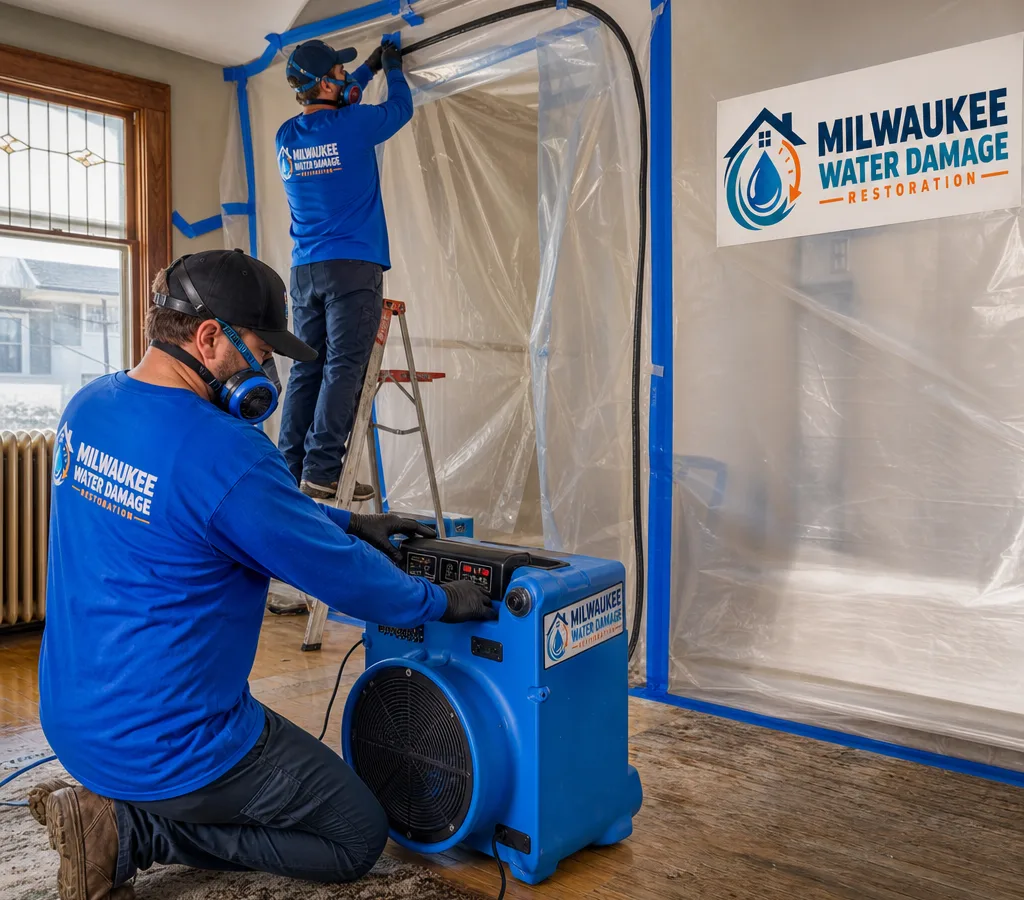 Technicians in PPE setting up containment and a HEPA air scrubber in a Milwaukee home