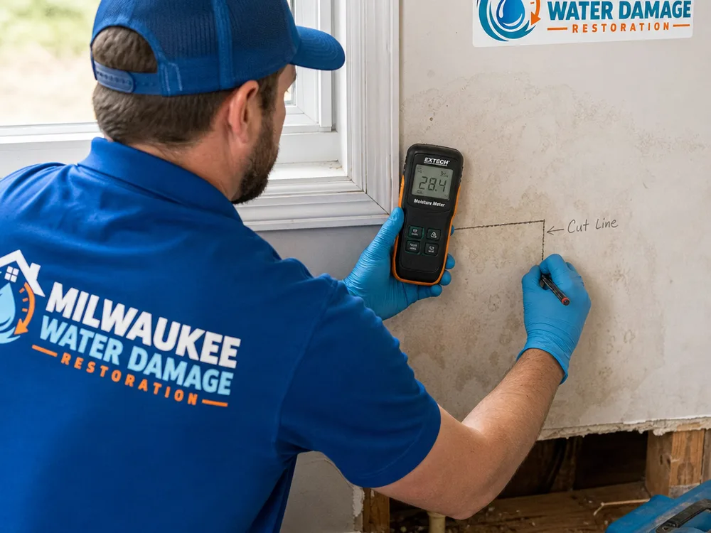 Technician using a moisture meter and marking affected drywall for controlled removal in a Milwaukee home