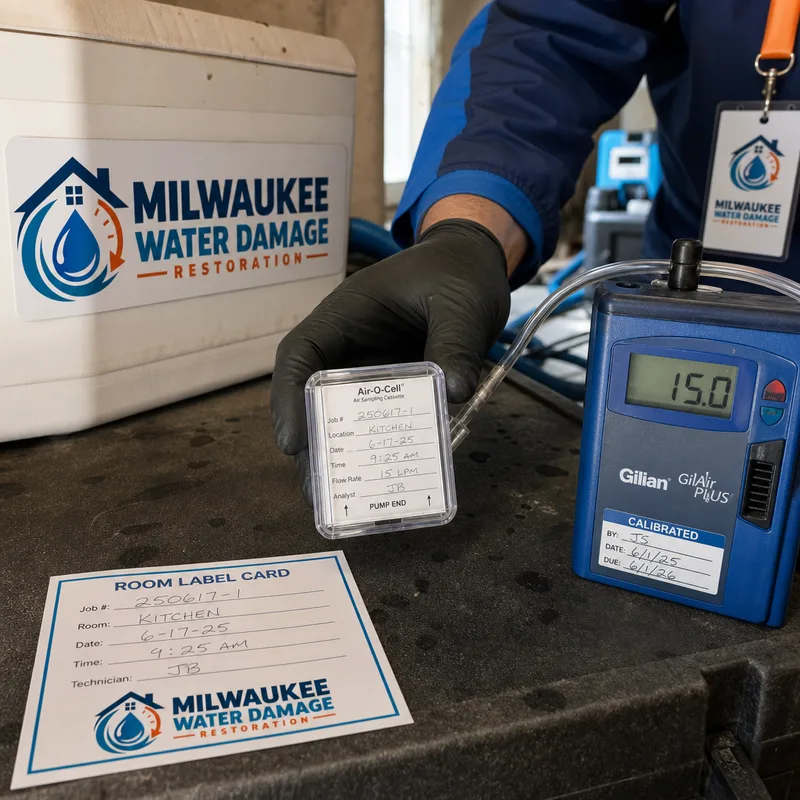 Labeled air sampling cassette and calibrated pump with a room label card