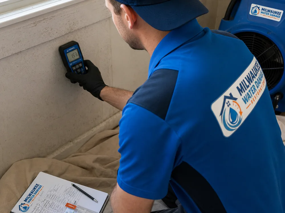 Moisture meter checking drywall beside inspector notes and sampling cassettes