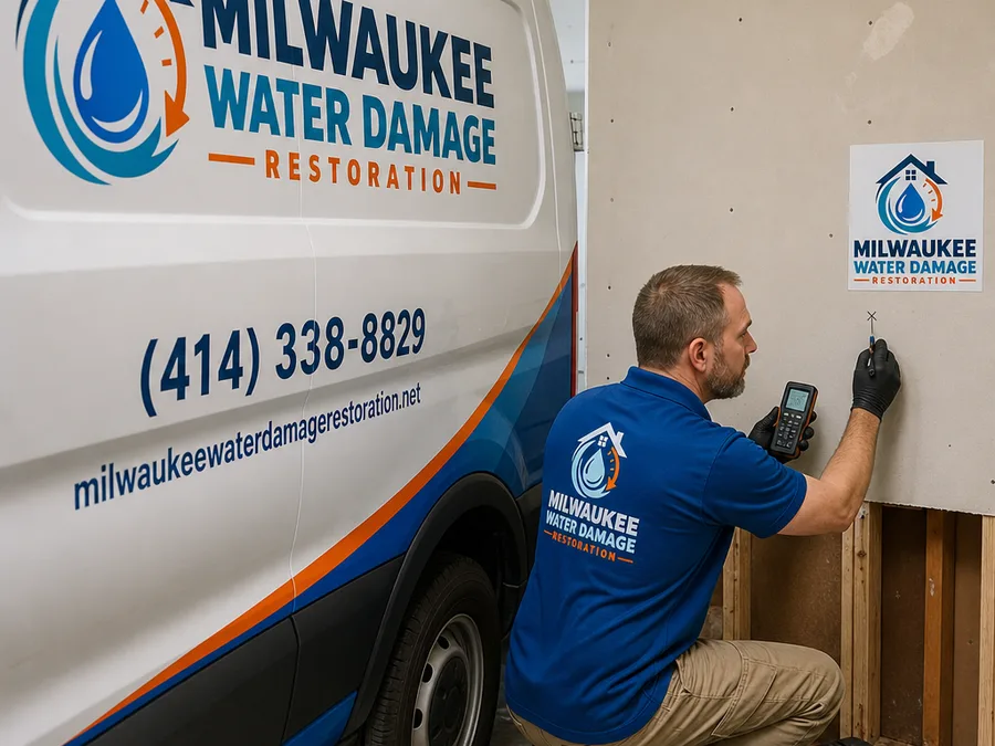 Inspector collecting a tape-lift sample from discolored drywall near a baseboard