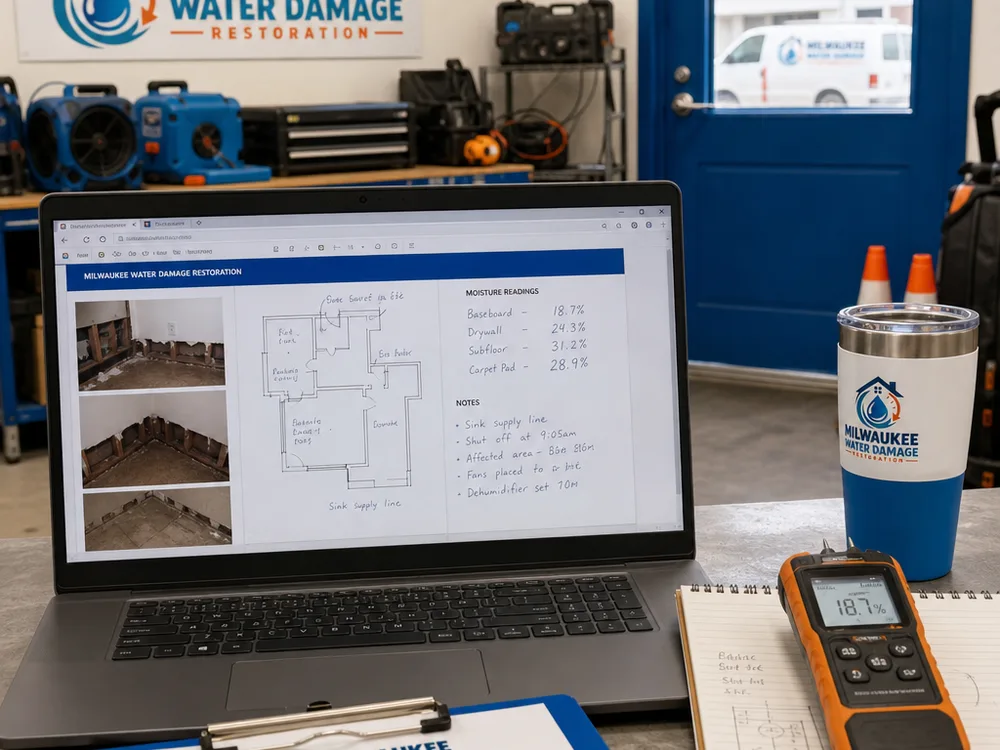 Laptop with inspection photos, sample notes, floor plan sketch, and moisture readings